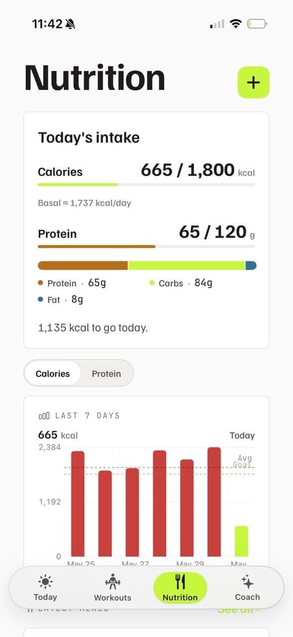 KilterFit Nutrition screen showing calories and macros against goals