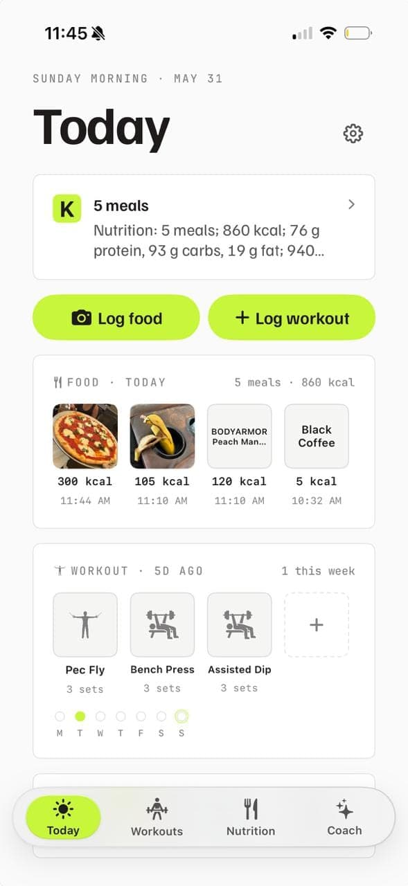 KilterFit Today screen showing the morning summary